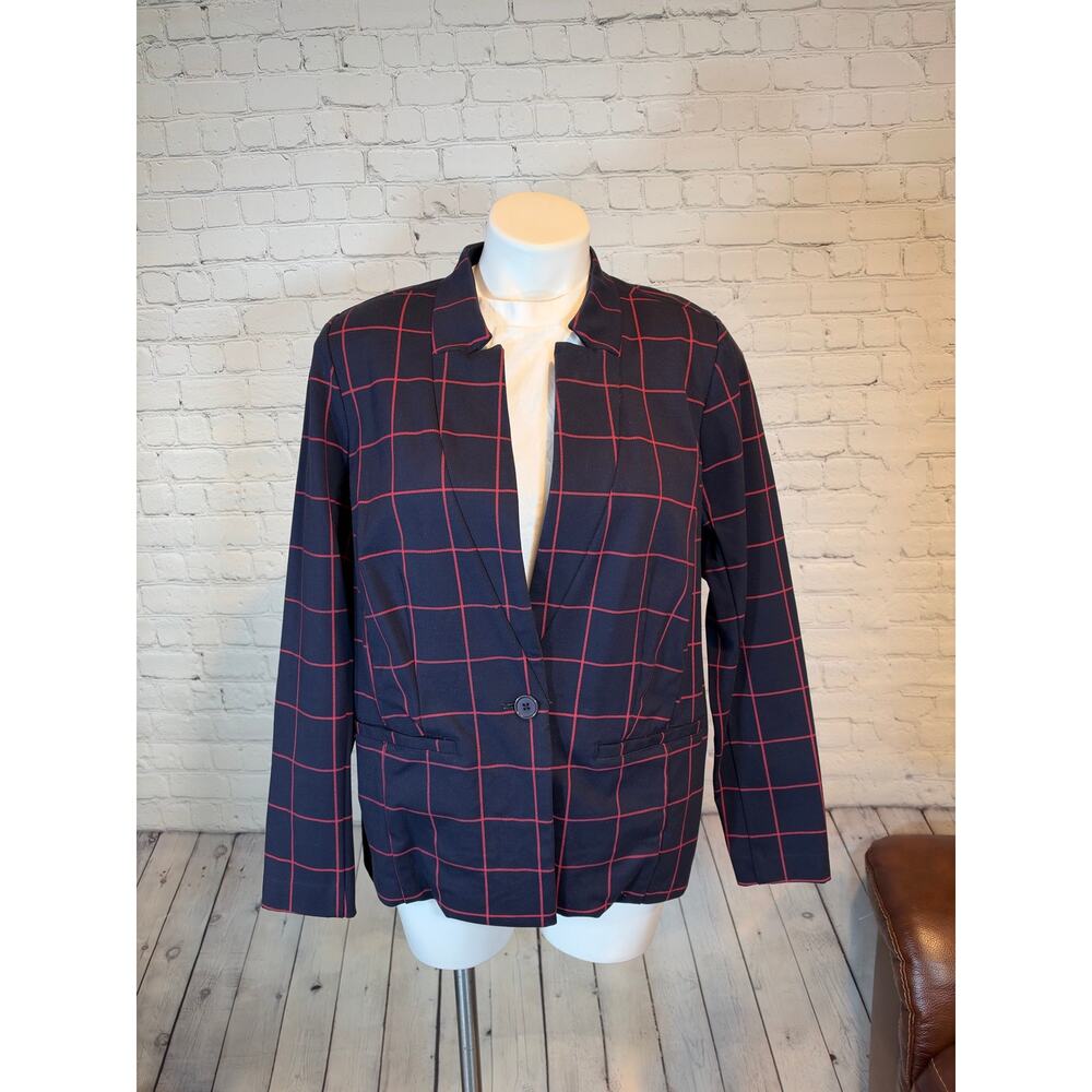 ELOQUII Navy Blue & Red Plaid Blazer Jacket Size 14 One Button Windowpane Check